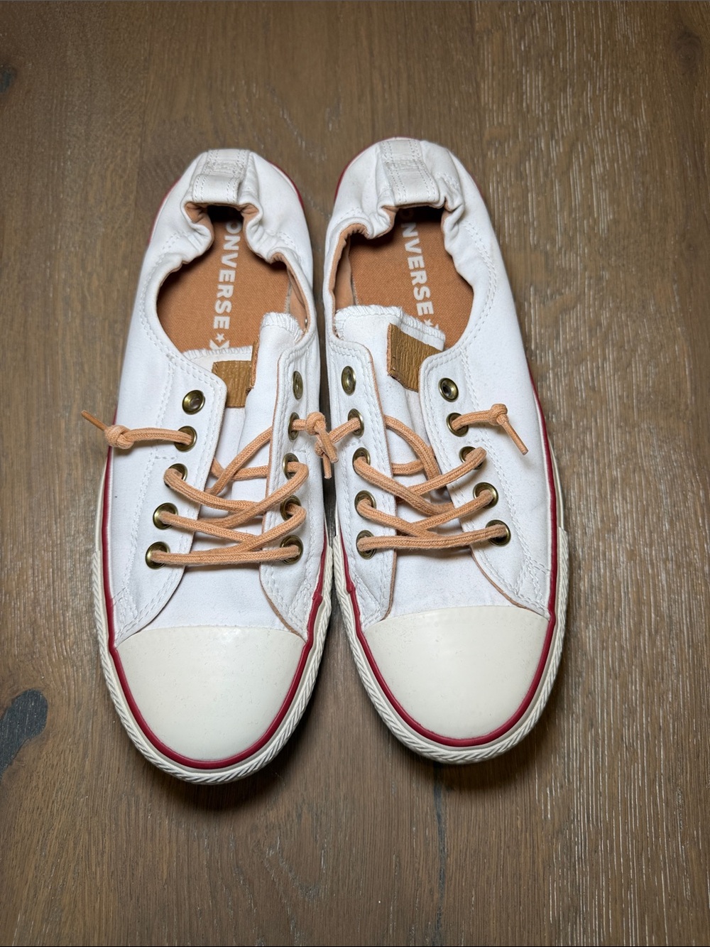 Converse All Star Women’s White Canvas Sneakers with Pink Trim and Tan Laces